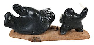 Two Inuit Carved Soapstone Shaman Sculptures 