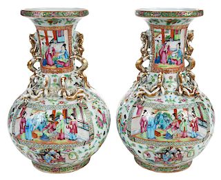 Pair of Rose Mandarin Vases With Chilongs