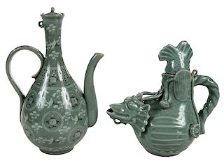 Two Korean Celadon Figural Teapots