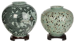 Two Large Celadon Korean Pots
