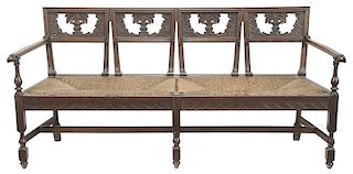 Neoclassical Carved Walnut and Rush Seat Bench