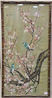 Asian watercolor, two birds perched on a flowering tree, 18 1/2" x 12 1/2".