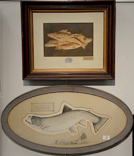 Three framed pieces to include J. B. Sprague Birch Bark pictures 1974 watercolor on birch bark collage of five trout 