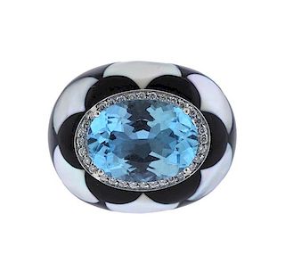 18K Gold Diamond Blue Topaz Onyx MOP Inlay Ring
