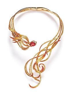 A Fine 18 Karat Yellow Gold, Andesine and Multi Colored Sapphire Phoenix Necklace, Lorenz Baumer, French, 117.40 dwts.