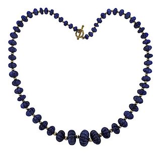 14K Gold Carved Sapphire Graduated Toggle Necklace