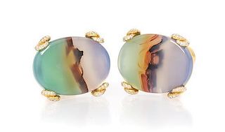 A Pair of 18 Karat Yellow Gold, Picture Agate and Diamond Cufflinks, Mauboussin, 12.30 dwts.