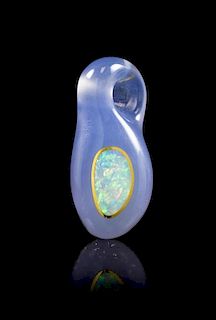 A 24 Karat Yellow Gold, Blue Chalcedony and Opal Pendant,