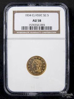 Gold Classy Head two and a half dollar coin, 1834, NGC AU-58.