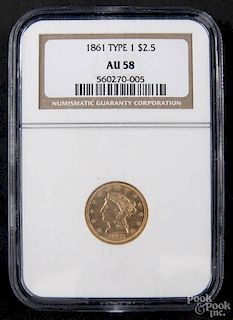Gold Liberty Head two and a half dollar coin, 1861 type 1, NGC AU-58.