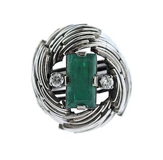 Modernist 14k Gold Emerald Diamond Ring 