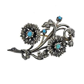 Antique 18K Gold Silver Diamond Turquoise Brooch