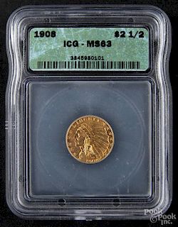 Gold Indian Head two and a half dollar coin, 1908, ICG MS-63.