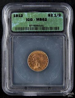 Gold Indian Head two and a half dollar coin, 1912, ICG MS-62.
