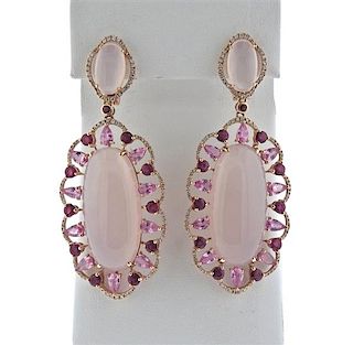 18k Rose Gold Quartz Diamond Ruby Drop Earrings 