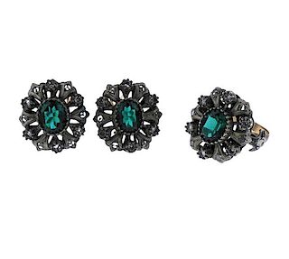 18k Gold Silver Green Stone Diamond Earrings Ring Set 
