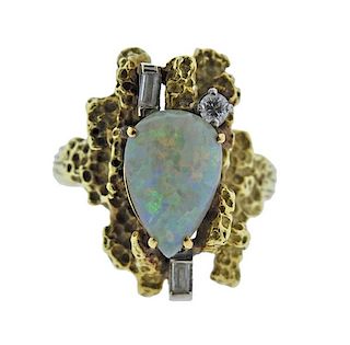 1970s 18k Gold Opal Diamond Free Form Ring 