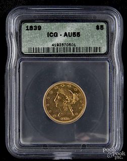 Gold Liberty Head two and a half dollar coin, 1839, ICG AU-55.