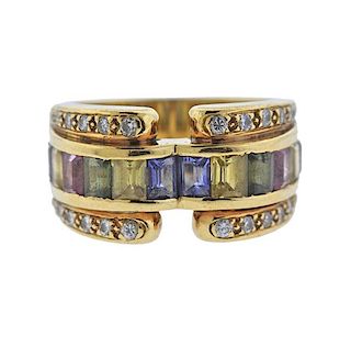 18K Gold Diamond Colored Stone Band Ring