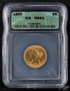 Gold Liberty Head five dollar coin, 1907, ICG MS-63.