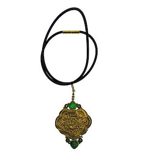 Antique 22k Gold Jade Pendant on Cord Necklace 