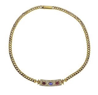 18k Gold Diamond Ruby Sapphire Necklace 