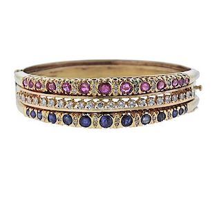 14K Gold Diamond Ruby Sapphire Bangle Bracelet