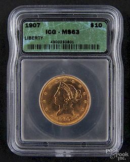 Gold Liberty Head ten dollar coin, 1907, ICG MS-63.