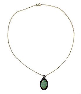 14K Gold Diamond Jade Onyx Pendant Necklace