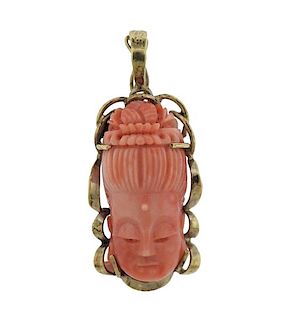 14K Gold Carved Coral Woman Head Pendant