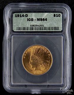 Gold Indian Head ten dollar coin, 1914 D, ICG MS-64.