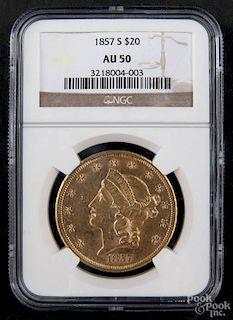 Gold Liberty Head twenty dollar coin, 1857 S, NGC AU-50.