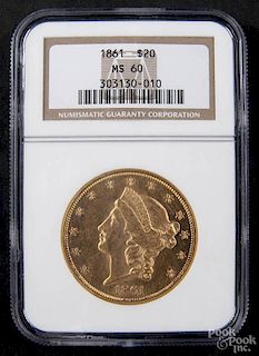 Gold Liberty Head twenty dollar coin, 1861, NGC MS-60.