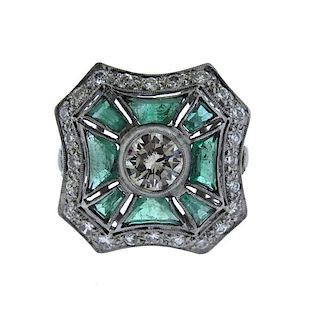 Antique Platinum Diamond Emerald Ring