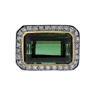 Antique Platinum Diamond Green Tourmaline Ring