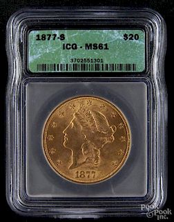 Gold Liberty Head twenty dollar coin, 1877 S, ICG MS-61.