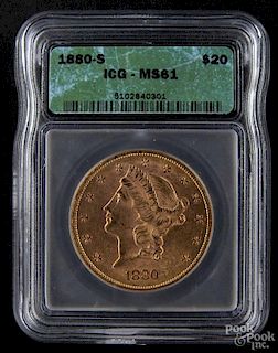 Gold Liberty Head twenty dollar coin, 1880 S, ICG MS-61.