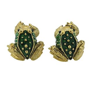 Boris LeBeau 18K Gold Green Stone Enamel Frog Earrings