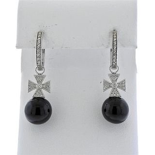 18K Gold Diamond Black Stone Drop Hoop Earrings