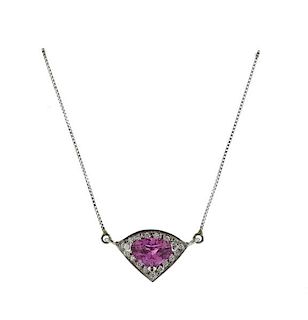 14K Gold Diamond Pink Sapphire Pendant Necklace 