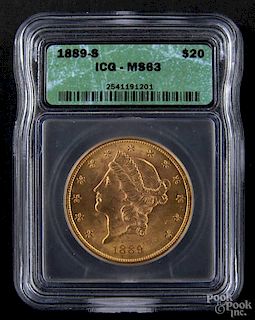 Gold Liberty Head twenty dollar coin, 1889 S, ICG MS-63.