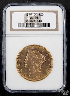 Gold Liberty Head twenty dollar coin, 1890 CC, NGC AU-58.