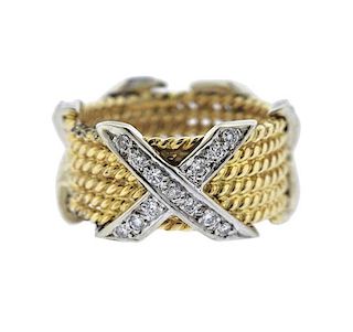 14k Gold Diamond X Rope Band Ring 