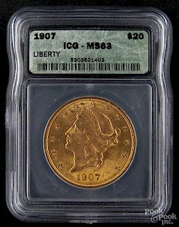 Gold Liberty Head twenty dollar coin, 1907, ICG MS-63.