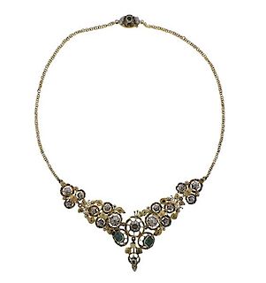 Antique 18K Gold Silver Diamond Emerald Necklace 