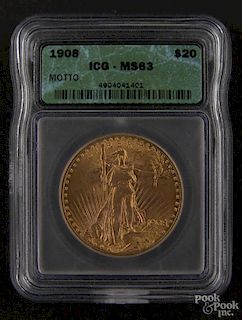 Gold Saint Gaudens twenty dollar coin, 1908, with motto, ICG MS-63.