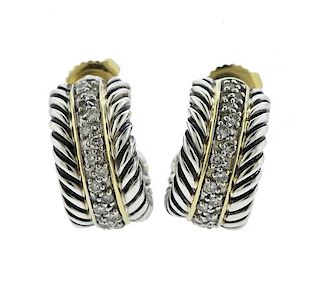 David Yurman 18K Gold Silver Diamond Hoop Earrings