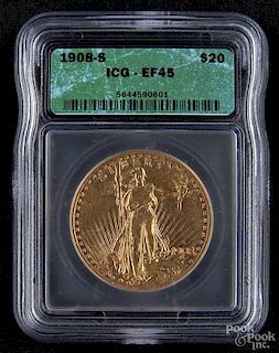 Gold Saint Gaudens twenty dollar coin, 1908 S, ICG EF-45.