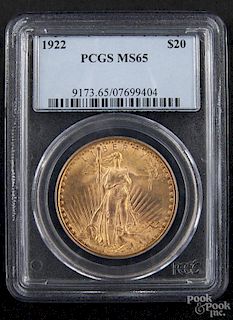 Gold Saint Gaudens twenty dollar coin, 1922, PCGS MS-65.
