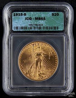 Gold Saint Gaudens twenty dollar coin, 1915 S, ICG MS-65.